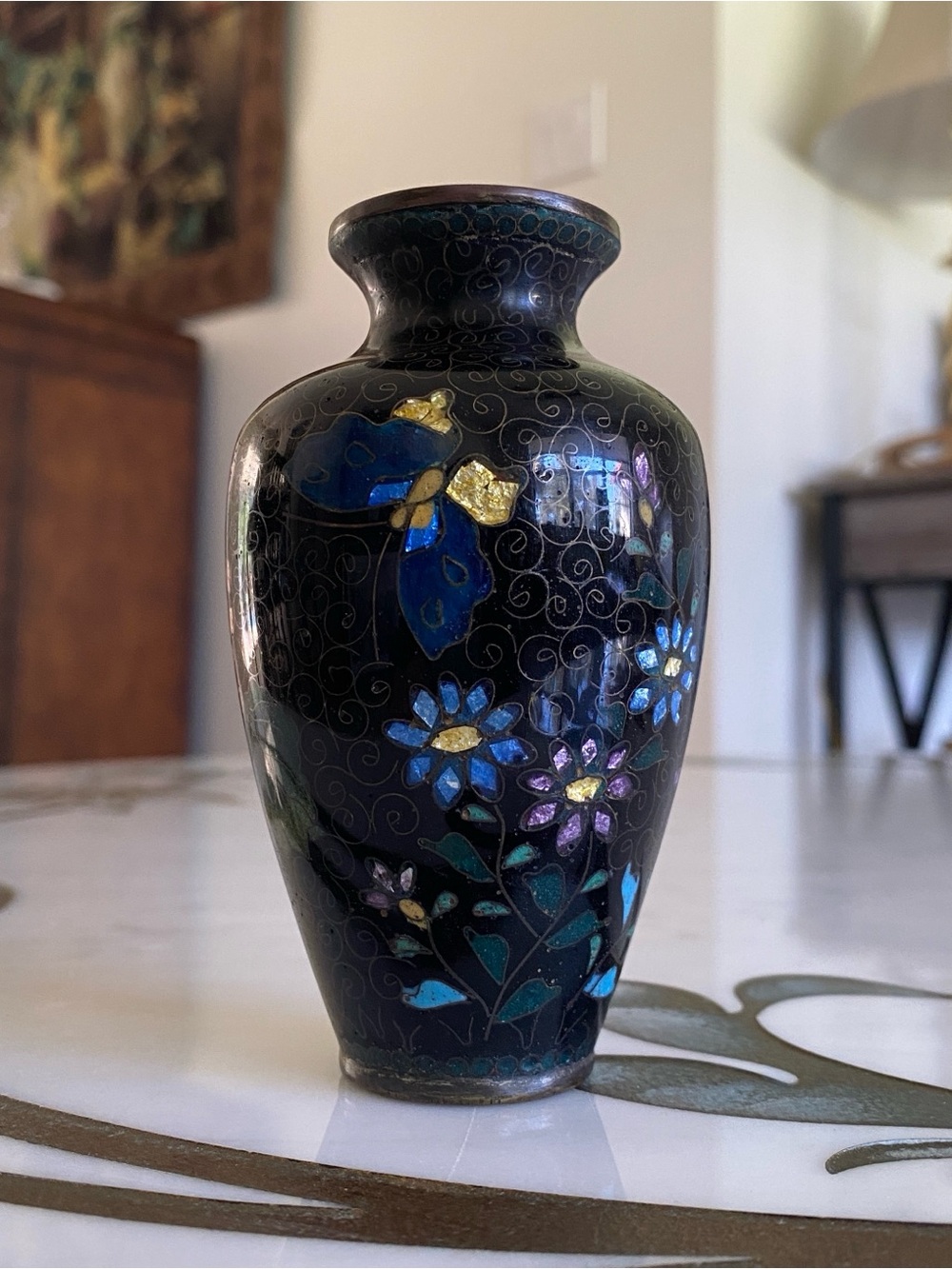 Vintage Chinese Cloisonné Bud Vase Black Floral Butterfly Enamel Brass Rim 4”